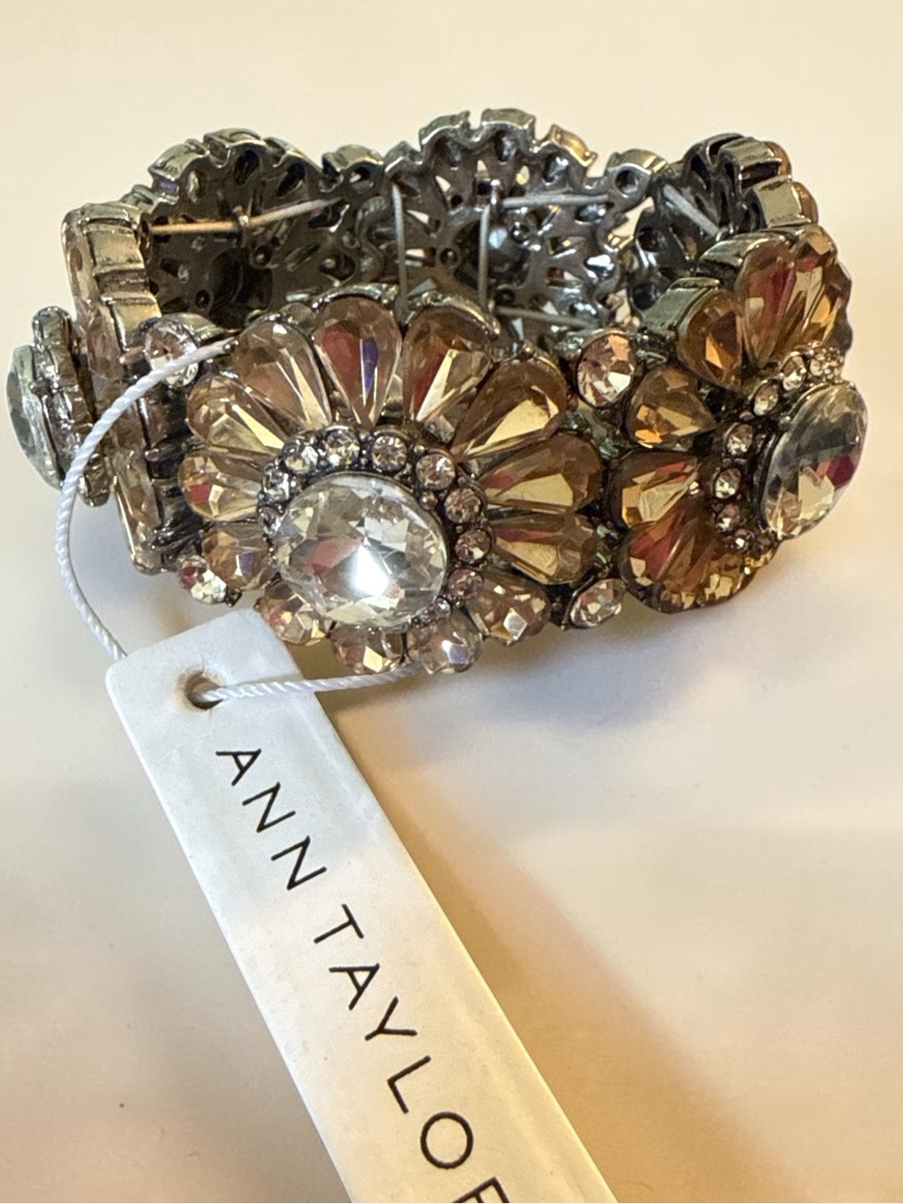 Ann Taylor Champagne Crystal Flower Stretch Bracelet Statement Cuff Silver Tone